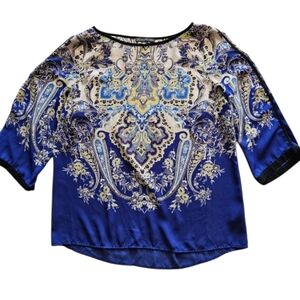 Adrianna Papell Long Sleeve Blue Paisley Women's Top Sz. Medium